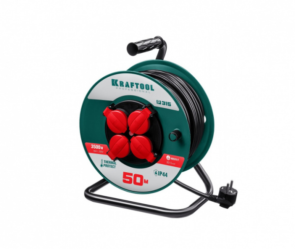Удлинитель на катушке P-315 50м 3500 Вт 4 гнезда IP44 ПВС 3х1.5 55084-50 KRAFTOOL